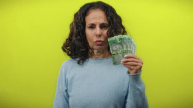 Güney Afrika banknotlarını elinde tutan kadın, parlak sarı bir geçmişe karşı ciddi bir ifadeyle hayal kırıklığı ya da şüphecilik taşıyor..