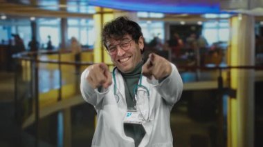 İspanyol doktor steteskop ve gözlük takarak yoğun bir hastane koridorunda güvenle gülümsüyor, yoğun bir tıbbi ortamda profesyonelliğini ve ulaşılabilirliğini vurguluyor..