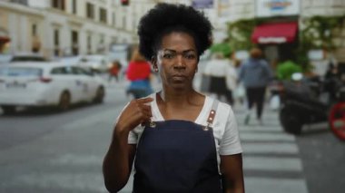 Önlüklü Afrikalı Amerikalı kadın şehir sokaklarında dikiliyor. Hareket halindeki araba ve yayaların geçmişiyle çarpıcı bir şekilde el kol hareketi yapıyor. Şehir enerjisini yakalıyor..