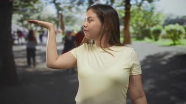 Sarı tişörtlü kadın avucu kapalı, gözleri kapalı ve park yolunda ağaçların yanında dururken hafifçe sırıtıyor; işten çıkarma hareketi.