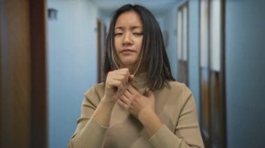 Koridorda boğazını sıkan hasta bir genç kadın otel ortamında bej bir kazak giyiyor bulanık bir geçmişi var. Rahatsızlık ve sağlık sorunlarını temsil ediyor..