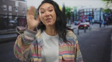 Şablonlu ceketli kadın el sallıyor ve kalabalık bir caddede geniş bir şekilde gülümsüyor. Arabalar, tuğlalar ve kalın binalarla; neşeli bir selamlama..