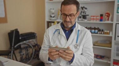 Klinikteki akıllı telefonu inceleyen doktor tıbbi ekipman ve tekerlekli sandalye ile çevrili laboratuvar önlüğü giyerek profesyonellik ve sağlık hizmetleri ortamını inceliyor..