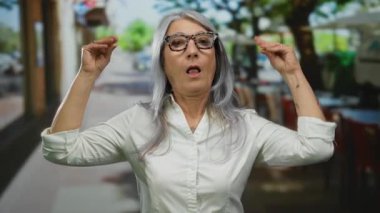 Canlı bir sokak sahnesinde bir açık hava restoranının terasında enerjik bir şekilde konuşurken gri saçlı yaşlı bir kadın el hareketi yapıyor..