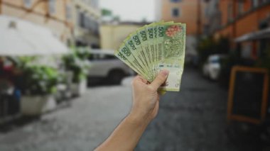 Bir şehir caddesinde elinde Arjantin pezosu olan bir adam açık havada şehir geçmişi bulanık ve mali ve ekonomik bağlamda belirgin bir şekilde gösterilen beyaz eli olan banknotları gösteriyor..