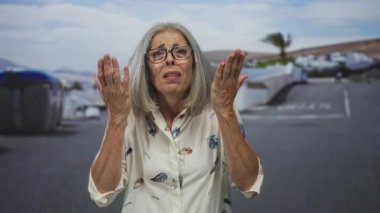 Kadın, gözlüklü ve desenli tişörtlü olarak kıyı binalarının yakınındaki sokakta avuç içlerini kaldırıyor; hayal kırıklığı günlük meydan okuma.