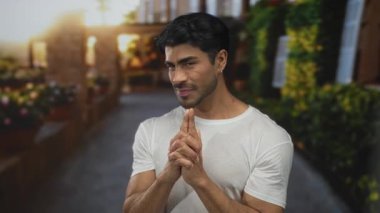 Elleri havada genç İspanyol bir adam yeşil güneşli yeşilliklerin arasında sokakta el tabancası hareketi yapıyor..