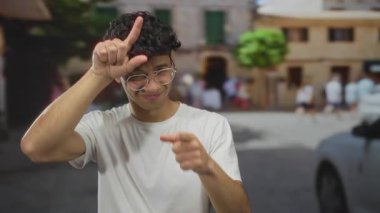 Beyaz tişörtlü ve gözlüklü genç İspanyol bir adam parmağıyla işaret ediyor ve hareketli bir sokakta 