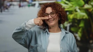 Gözlüklü bir kadın neşe içinde burnuna dokunuyor, şehir manzarasının ortasında bir neşe ve eğlence anı yakalıyor, günlük kıyafetler giyiyor ve kıvırcık esmer saçlar takıyor..