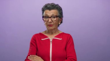 Gri saçlı ve gözlüklü yaşlı bir kadın mor arka planda aynı fikirde değil kırmızı bir kıyafet giyiyor, el ve parmak hareketleriyle inkar ediyor..