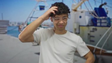 Beyaz tişörtlü ve gözlüklü bir adam güneşli limanda mavi gökyüzünün altında kafa kafaya gidiyor..