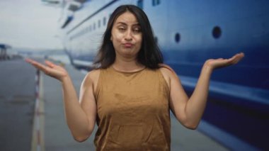 İskele rıhtımındaki teknenin yanında çıplak omuzlarıyla avuç içi silkelenen genç bir kadın..