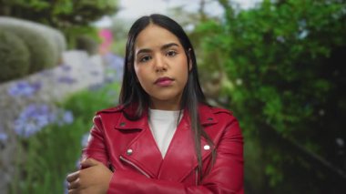 Kırmızı ceketli kadın yeşil bir parkta dikiliyor. Etrafında ağaçlar ve çiçekler var. Açık havada doğal ve canlı bir ortam yaratıyor.