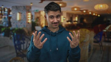 Otelde genç bir adam buraya gelip, modern dekorla karakterize edilmiş, mavi kapüşonlu bir jest yapıyor..
