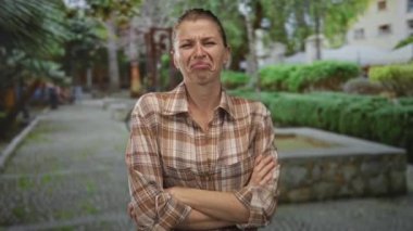 Suratı somurtkan kadın ağaçlar ve taş çeşmelerle kaplı, bazen kollarını kavuşturup parlayan parmaklar; rahatsız edici meydan okuma.