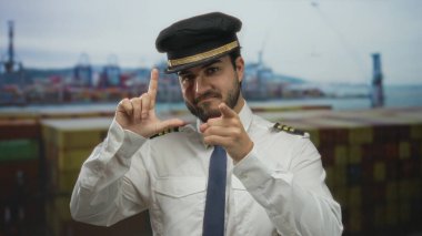 Kaptan üniformalı genç İspanyol adam kameraya işaret ediyor. Arka planda liman ve gemiler, mizah ve denizcilik seti taşıyor..