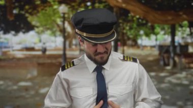 Pilot üniformalı genç İspanyol adam güneşli park ağaçlarının altında rahatsız bir şekilde karnını sıkıyor. Yüzündeki ifadeyle acıyı ifade ediyor. Açık hava ortamını işaret ediyor..