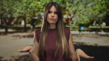 İspanyol kadın, bereketli yeşilliklerle çevrili güneşli bir park ortamında jestlerle anlaşmazlık yaşadığını belirterek, sakin açık hava alanında sözlü olmayan güçlü bir mesaj iletiyor..