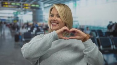 Sarışın kadın gülümseyen ve kalp şekli oluşturan elleri, modern havaalanı terminalinin kapısının yanındaki yolcu koltuğunda..
