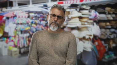 Gri sakallı ve gözlüklü bir adam şapkalardan ve hediyelik eşyalardan oluşan bir sokak marketinin önünde oturur ve kameraya bakar..