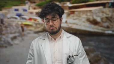 Laboratuvar önlüklü, sakallı genç bir İspanyol manzaralı sahilde ağlayarak mizah ve bilimi eşsiz bir deniz kenarında harmanlıyor..