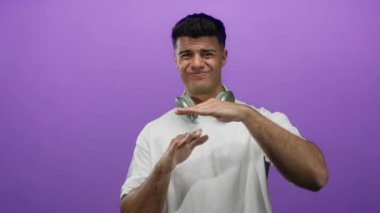 Beyaz tişörtlü genç İspanyol adam, kulaklıklarla mor duvar arkasına işaret veriyor..