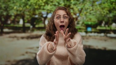 Gözlüklü bir kadın, arka planda yeşil yapraklı bir parkta el kol hareketi yaparken şaşkınlığını dile getiriyor..