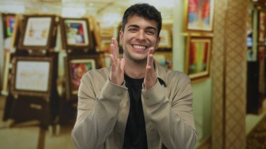 Adam galeride resim yapmadan önce gülümseyen İspanyol genç konuk olarak el kaldırıyor..