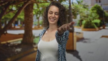 Kadın, güneş ışığı ve yeşillikte uzanırken gülümseyen, bir orman parkı plazasında kameraya doğru elini uzatır; davet karşılama.