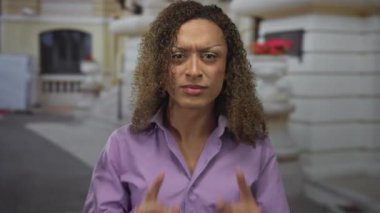 Mor gömlekli İspanyol transseksüel kadın sokakta kamerayı işaret ediyor..