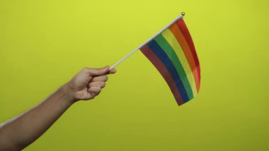 Igbtq gurur ve desteğini sembolize eden, pozitiflik ve kapsayıcılığı vurgulayan parlak sarı duvara karşı gökkuşağı bayrağı tutan adam..