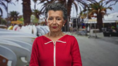 Gezinti güvertesinde kıpkırmızı bir kadın, deniz zemininde sessiz bir ifade sergiliyor ve palmiye ağaçları deniz kıyısındaki huzuru simgeliyor.