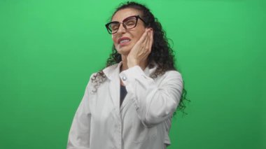 Yeşil bir stüdyo ortamında bir eliyle yanağını tutan kadın acı dolu bir ifade sergiliyor..
