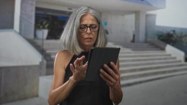 Ekranı tutarken ve kaşlarını çatarken tableti parmaklarıyla tıklatan kadın; hüsran odaklı.