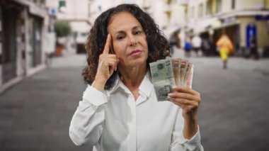 Beyaz gömlekli orta yaşlı bir kadın, bir şehir caddesinde dikilirken ve dikilirken elinde İngiliz banknotları tutuyordu..