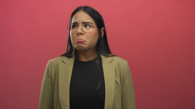 Arka planda üzgün yüzü olan bir kadın portresi genç Latin kimliğini kırmızı bir duvarla izole ediyor..