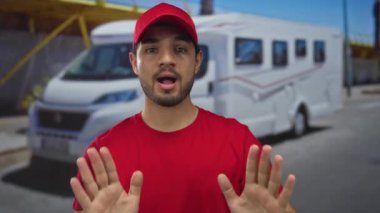 Kırmızı şapkalı adam güneşli bir caddede beyaz bir minibüsün yanında el hareketi yapıyor..