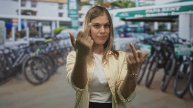 Gündüz vakti kalabalık bir şehir caddesinde orta parmak kaldıran genç kadın, isyancı ayaklanmanın hakareti protesto etti.