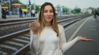 Açık hava tren istasyonundaki genç kadın, bulanık demiryolu rayları ve arka plan banliyöleriyle çevrili, tuhaf bir ifadeyle Palm 'a işaret ediyor. Seyahat etmeyi ya da beklemeyi öneriyor..