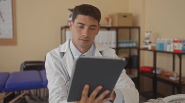 Adam tıbbi verileri anatomik çizelge ve raflarla çevrili klinik ofisinde parmaklarıyla tutuyor ve kaydırıyor; sakin konsantrasyon.