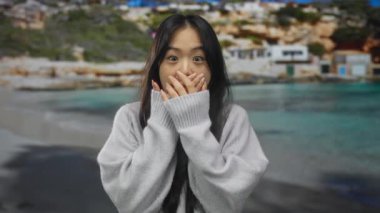 Sahilde okyanus ve arka planda kayalıklar olan bir kadın dışarıda neşeli bir anı yakalıyor..