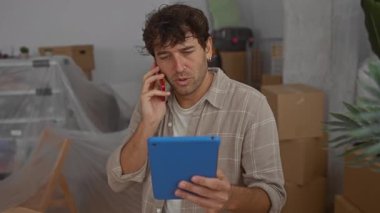Yeni evimizde tablet ve cep telefonu kullanan İspanyol bir adam eve yeni taşındığını gösteren kutularla çevrili..
