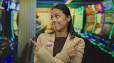 Bir kumarhanede parmaklarıyla işaret eden bir kadın Amerikan bayrağı taşıyan bir rozet takıyor. İçerideki canlı kumar makinelerinin yanında sıradan bir tavır sergiliyor..