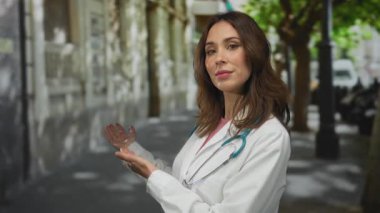Steteskoplu genç İspanyol kadın doktor şehir dışındaki bir sokak ortamında elini göstererek şehir ortamında varlığını gösteriyor..