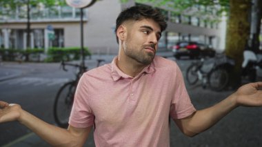 Şehir caddesinde park halindeki bisiklet ve arabalarla omuz silkme hareketi yapan genç İspanyol bir adam..