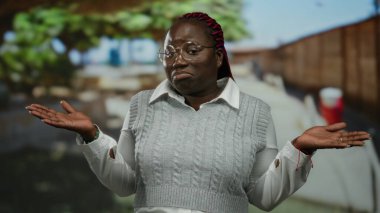 Şehir sokaklarında omuz silken bir kadın, şehir ortamında sorgulayıcı bir ifade sergiliyor, gözlük takıyor ve kırmızı örgülü gri bir kazak giyiyor..