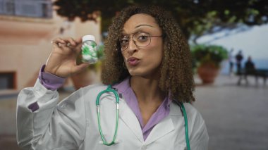 Kadın doktor, iki eli de steteskopun yanında ilaç şişesi tutuyor. Merhamet, şifa, sağlık..