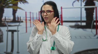Steteskoplu kadın doktor jestleri dışarıda, plaja yakın bir yerde duruyor. Arka planda palmiye ağaçları ve egzersiz ekipmanları var..