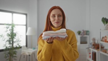 Kızıl saçlı kadın katlanmış giysiler tutuyor. Parlak bir çamaşır odasında gülümsüyor. Sıcak bir ev atmosferi var..