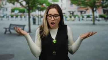 Açık kollu gözlüklü bir kadın, açık bir sokakta, açık havada ağaçlar ve banklar bulunan, yelek giyen, parlak bir gündüz kuşağında şaşkınlığını dile getiriyor..